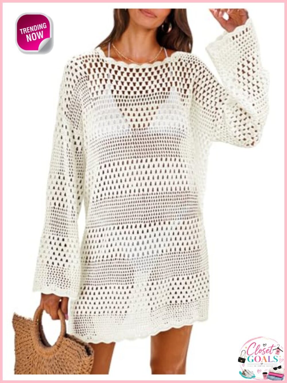 Crochet Swim Cover Up Mini Dress Bell Sleeve Beach